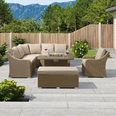 Harper Deluxe Corner Rattan Lounge Dining Set with Armchair and Stool - Square Gas Fire Pit Table in Willow