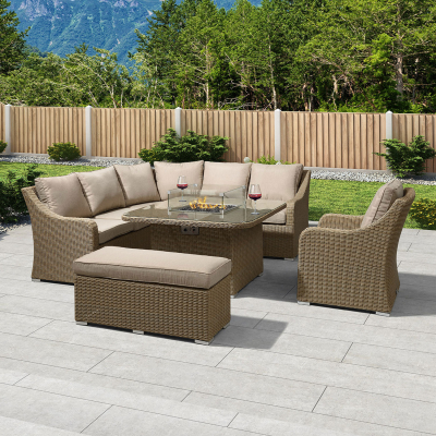 Harper Deluxe Corner Rattan Lounge Dining Set with Armchair and Stool - Square Gas Fire Pit Table in Willow