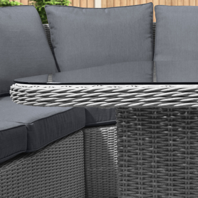 Harper Deluxe Corner Rattan Lounge Dining Set with Armchair and Stool - Square Gas Fire Pit Table in White Wash