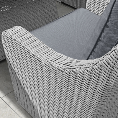 Harper Deluxe Corner Rattan Lounge Dining Set with Armchair and Stool - Square Gas Fire Pit Table in White Wash