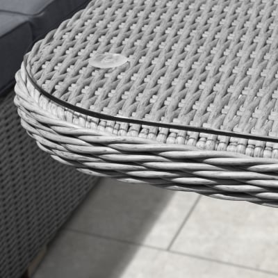 Harper Deluxe Corner Rattan Lounge Dining Set with Armchair and Stool - Square Gas Fire Pit Table in White Wash