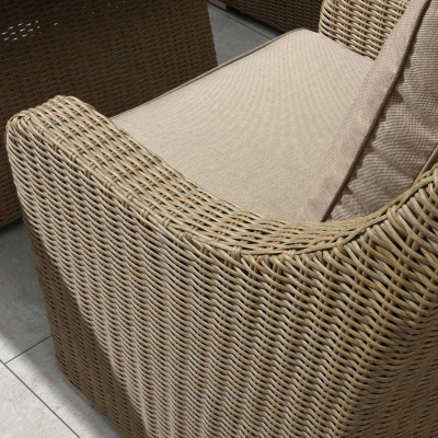 Harper Deluxe Corner Rattan Lounge Dining Set with Armchair and Stool - Square Gas Fire Pit Table in Willow