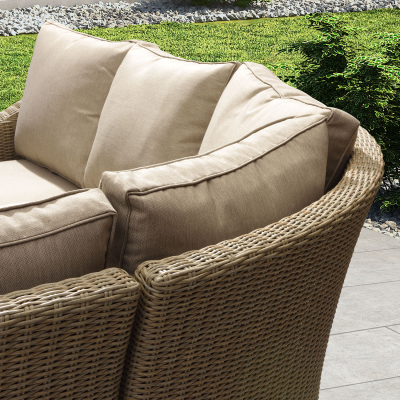 Harper Deluxe Corner Rattan Lounge Dining Set with Armchair and Stool - Square Gas Fire Pit Table in Willow