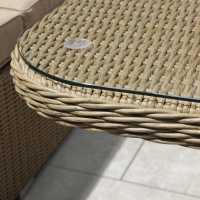 Harper Deluxe Corner Rattan Lounge Dining Set with Armchair and Stool - Square Gas Fire Pit Table in Willow
