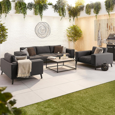 Infinity All Weather Fabric Aluminium 3 Seater Sofa Lounging Set with Square Coffee Table & 2 Armchairs in Charcoal Grey