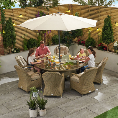 Leeanna 8 Seat Rattan Dining Set - Round Ice Bucket Table in Willow