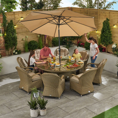 Leeanna 8 Seat Rattan Dining Set - Round Ice Bucket Table in Willow