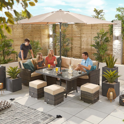 Cambridge L-Shaped Corner Rattan Lounge Dining Set with 3 Stools - Left Handed Parasol Hole Table in Brown Rattan