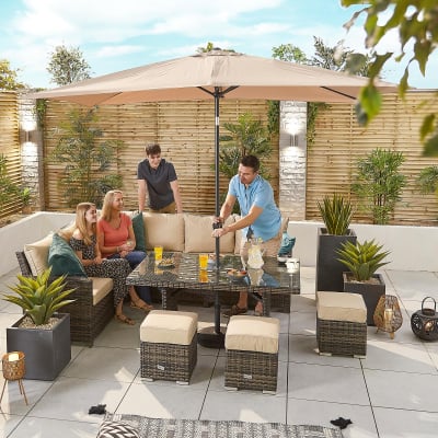 Cambridge L-Shaped Corner Rattan Lounge Dining Set with 3 Stools - Left Handed Parasol Hole Table in Brown Rattan