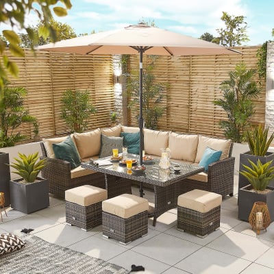 Cambridge L-Shaped Corner Rattan Lounge Dining Set with 3 Stools - Left Handed Parasol Hole Table in Brown Rattan
