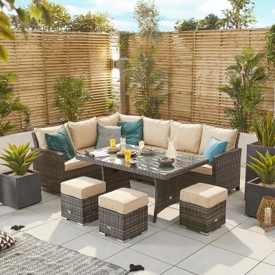 Cambridge L-Shaped Corner Rattan Lounge Dining Set with 3 Stools - Left Handed Parasol Hole Table in Brown Rattan