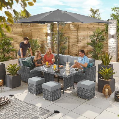 Cambridge L-Shaped Corner Rattan Lounge Dining Set with 3 Stools - Left Handed Parasol Hole Table in Grey Rattan