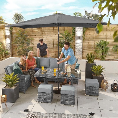 Cambridge L-Shaped Corner Rattan Lounge Dining Set with 3 Stools - Left Handed Parasol Hole Table in Grey Rattan