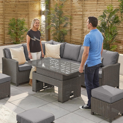 Ciara L-Shaped Corner Rattan Lounge Dining Set with 3 Stools - Left Handed Rising Table in Slate Grey
