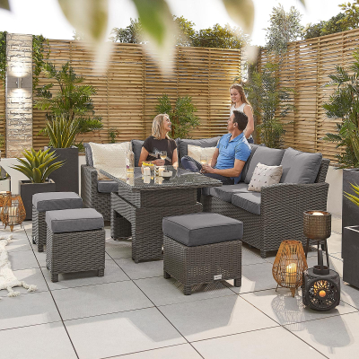 Ciara L-Shaped Corner Rattan Lounge Dining Set with 3 Stools - Left Handed Rising Table in Slate Grey