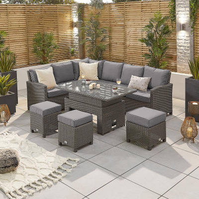 Ciara L-Shaped Corner Rattan Lounge Dining Set with 3 Stools - Left Handed Rising Table in Slate Grey