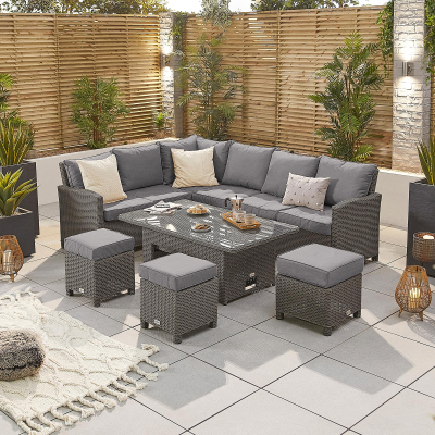 Ciara L-Shaped Corner Rattan Lounge Dining Set with 3 Stools - Left Handed Rising Table in Slate Grey