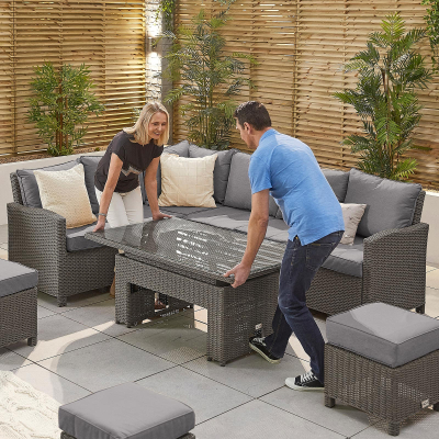 Ciara L-Shaped Corner Rattan Lounge Dining Set with 3 Stools - Left Handed Rising Table in Slate Grey