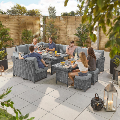 Cambridge L-Shaped Corner Rattan Lounge Dining Set with 3 Stools - Left Handed Add & Extending Table in Grey Rattan