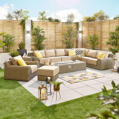 Luxor Rattan L-Shaped Curved Corner Sofa Lounging Set with Rectangular Fire Pit Coffee Table & Footstool & 1 Armchair in Willow