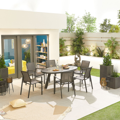 Milano 6 Seat Aluminium Dining Set - Oval Table in Graphite Grey