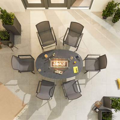 Milano 6 Seat Aluminium Dining Set - Oval Gas Fire Pit Table in Graphite Grey