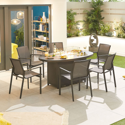 Milano 6 Seat Aluminium Dining Set - Oval Gas Fire Pit Table in Graphite Grey