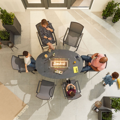 Milano 6 Seat Aluminium Dining Set - Oval Gas Fire Pit Table in Graphite Grey