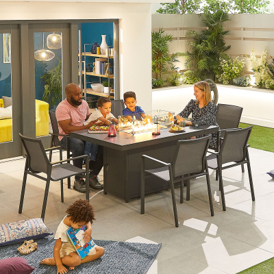 Milano 6 Seat Aluminium Dining Set - Rectangular Gas Fire Pit Table in Graphite Grey