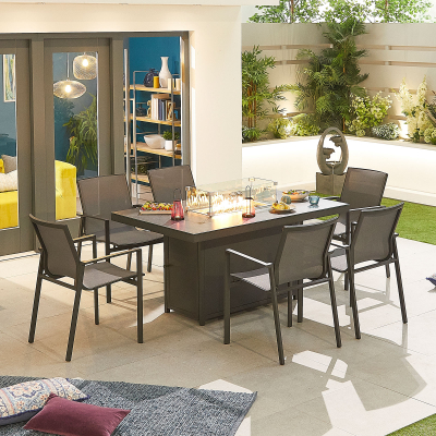Milano 6 Seat Aluminium Dining Set - Rectangular Gas Fire Pit Table in Graphite Grey