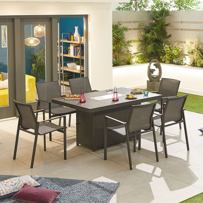 Milano 6 Seat Aluminium Dining Set - Rectangular Gas Fire Pit Table in Graphite Grey