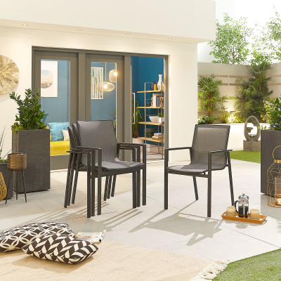 Milano 6 Seat Aluminium Dining Set - Rectangular Gas Fire Pit Table in Graphite Grey