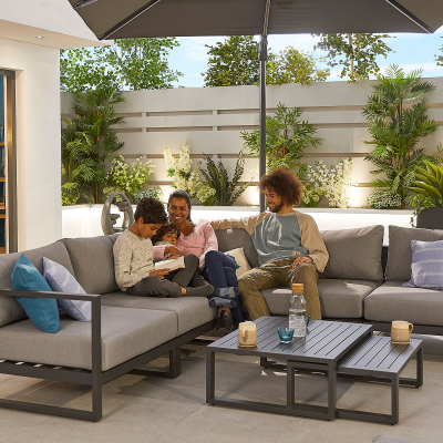 Alessandria Aluminium Corner Sofa Lounging Set with Footstool with Nested Coffee Table & No Armchairs in Graphite Grey