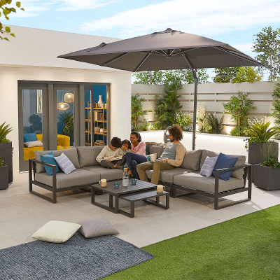 Alessandria Aluminium Corner Sofa Lounging Set with Footstool with Nested Coffee Table & No Armchairs in Graphite Grey
