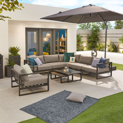 Alessandria Aluminium Corner Sofa Lounging Set with Footstool with Nested Coffee Table & Additional 1 Armchair in Graphite Grey