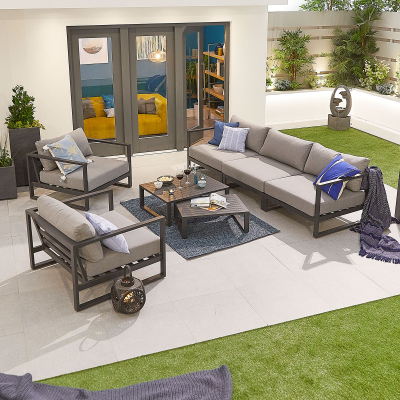 Alessandria Aluminium 3 Seater Sofa Lounging Set with Footstool with Nested Coffee Table & Additional 2 Armchairs in Graphite Grey