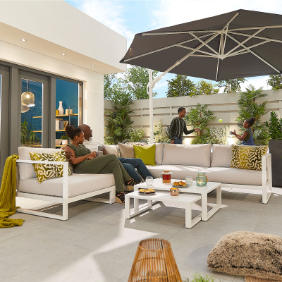 Alessandria Aluminium Corner Sofa Lounging Set with Footstool with Nested Coffee Table & No Armchairs in Chalk White