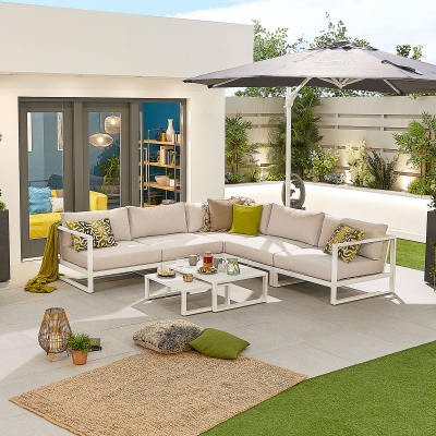 Alessandria Aluminium Corner Sofa Lounging Set with Footstool with Nested Coffee Table & No Armchairs in Chalk White