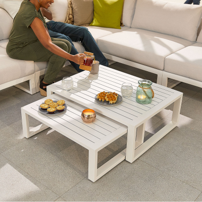 Alessandria Aluminium Corner Sofa Lounging Set with Footstool with Nested Coffee Table & No Armchairs in Chalk White