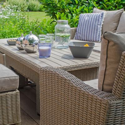 Ciara L-Shaped Corner Rattan Lounge Dining Set with 3 Stools - Right Handed Rising Polywood Table in Willow