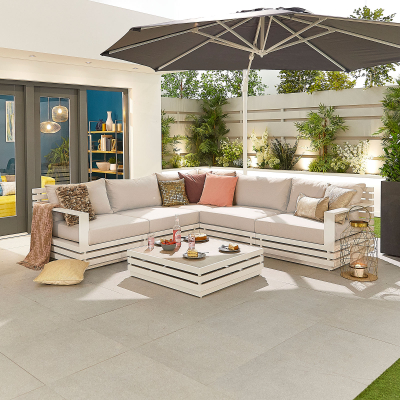 San Marino Aluminium Corner Sofa Lounging Set with Square Coffee Table in Chalk White