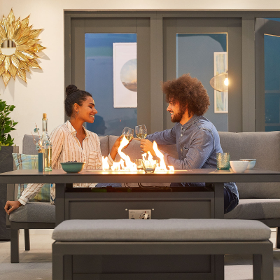 Vogue 3 Seater Aluminium Lounge Dining Set with 2 Armchairs and Bench - Gas Fire Pit Table in Graphite Grey