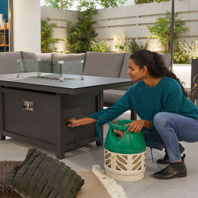 Vogue 3 Seater Aluminium Lounge Dining Set with 2 Armchairs and Bench - Gas Fire Pit Table in Graphite Grey