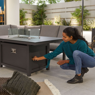 Vogue 3 Seater Aluminium Lounge Dining Set with 2 Armchairs and Bench - Gas Fire Pit Table in Graphite Grey