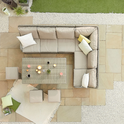 Oyster L-Shaped Corner Rattan Lounge Dining Set with 3 Stools - Parasol Hole Table in Oyster