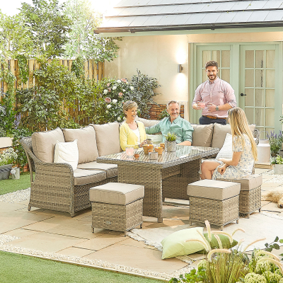 Oyster L-Shaped Corner Rattan Lounge Dining Set with 3 Stools - Parasol Hole Table in Oyster
