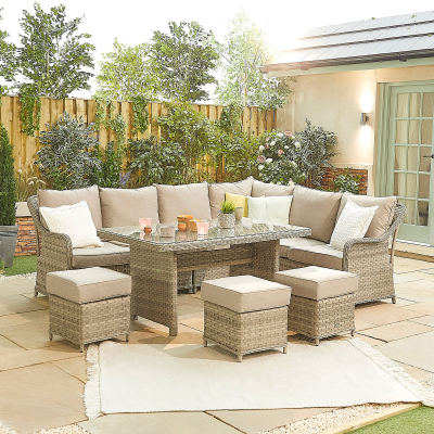 Oyster L-Shaped Corner Rattan Lounge Dining Set with 3 Stools - Parasol Hole Table in Oyster