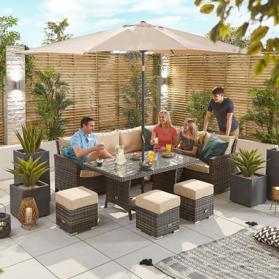 Cambridge L-Shaped Corner Rattan Lounge Dining Set with 3 Stools - Right Handed Parasol Hole Table in Brown Rattan