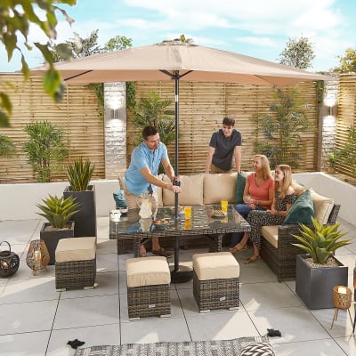 Cambridge L-Shaped Corner Rattan Lounge Dining Set with 3 Stools - Right Handed Parasol Hole Table in Brown Rattan