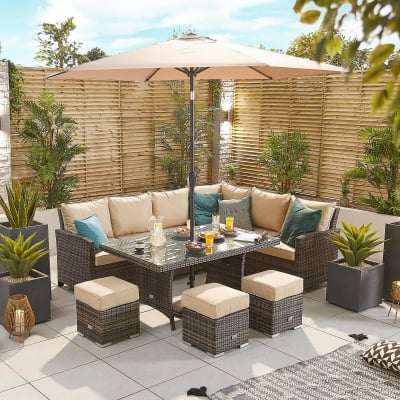 Cambridge L-Shaped Corner Rattan Lounge Dining Set with 3 Stools - Right Handed Parasol Hole Table in Brown Rattan